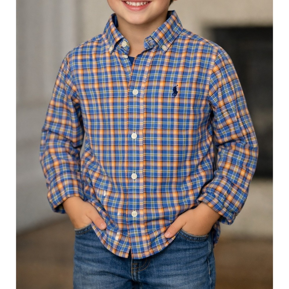 RALPH LAUREN Shirt Long Sleeve Button Down Boys Small 5 Blue Plaid Preppy Pony